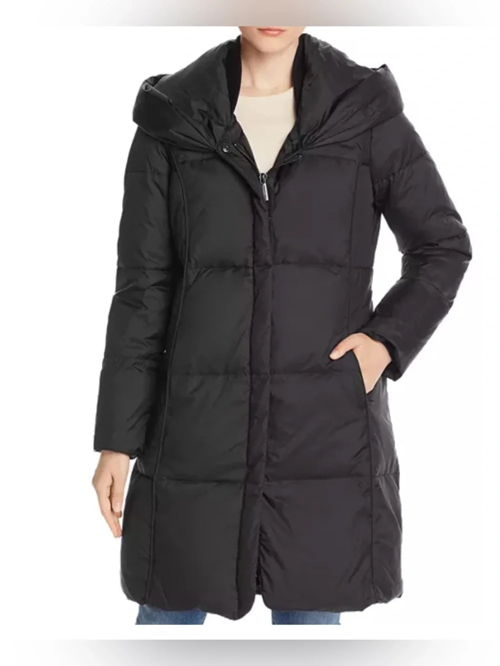 Michael Kors Hooded Shawl Collar Mid-Length Puffer Coat Black Size M